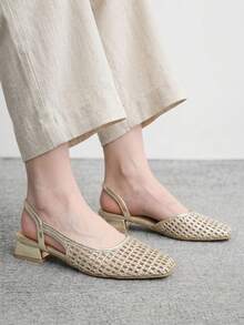CUCCOO BIZCHIC Women's Shoes Spring And Summer Pointed Short Thick Heel Woven Splicing Low Heel Shoes - Vintage gold - View 3