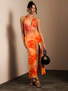 SHEIN X Garcia Sisters Glamine Red Orange Floral Print Halter Ruched Maxi Dress,Women's Deep V Backless High Slit Bodycon Party Beach Vacation Dress Summer Sexy Tropical - Multicolor - View 5
