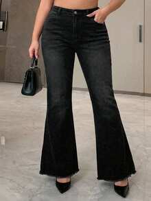 Dazy Plus Girls' Stretch Washed Distressed Wrap Flare Long Denim Jeans, All-Season - Black - View 4