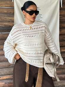 Dazy Plus Solid Color Loose Hollow Out Long Sleeve Casual Vacation Streetwear Autumn/Winter Pullover Knit Sweater - White - View 5