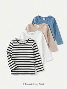 Cozy Pixies Baby Boy Baby Girl Knitted Soft Round Neck Long Sleeve Striped & Solid Color Multi-Piece Washable Pullover T-Shirt Base Layer 4-Piece Set Versatile - Multicolor - View 6