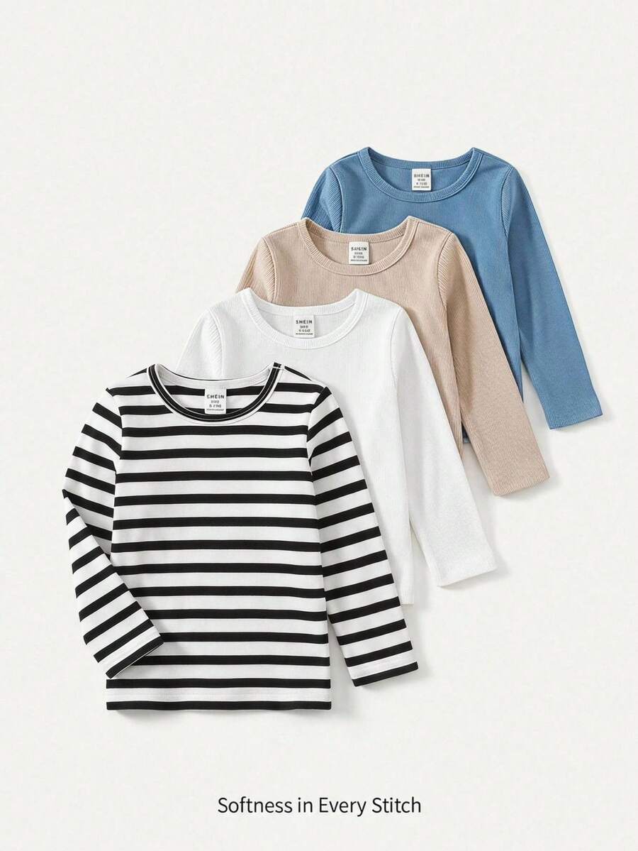 Cozy Pixies مجموعة 4 قطع من تي شيرت علوية أساسية للأطفال الرضع للأولاد والبنات، محبوكة وناعمة، بياقة دائرية وأكمام طويلة، مخططة وألوان سادة، قابلة للغسل - متعدد الألوان - مشاهدة 1