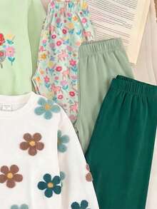 SHEIN 買3套送1套少女套裝，經典花卉、字母、可愛公主元素印花圓領長袖羅紋運動衫搭配同款印花長褲，適合秋冬戶外活動 - 彩色 - 查看 4