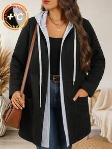 EMERY ROSE Plus Size Women's Color Block Hooded Zip Up Long Sleeve Contrast Trim Pocket Mid-Length Jacket Outerwear Autumn Coat Fashion 2026 Concert Black Baggy - Multicolor - View 4