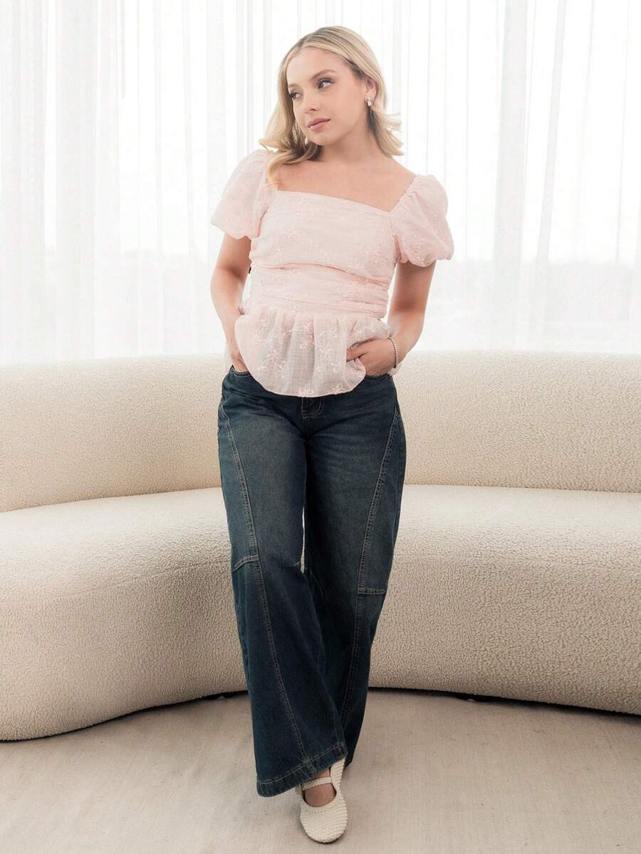 Ximena Robles Ximena Robles Celana Jeans Longgar Wanita Kasual Model Vintage dengan Potongan Lebar untuk Musim Gugur - Biru - View 1