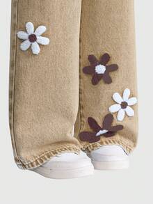 SHEIN ChillGRL Young Girls Denim Two Pieces Outfits 2025 Spring/ Fresh Floral Towel Embroidery Medium Blue Washed Set, Short Jacket + Loose Wide-Leg Pants, Cowgirl - Khaki - View 4