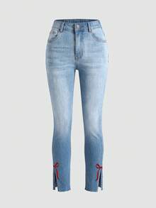 SHEIN Tween Mädchen Jeans Skinny, weich, Baumwolle, lässig, stilvoll, vielseitig, bequem für den Alltag und einfach. Merkmale sind ein geschlitzter Saum und ein besticktes Schleifenmuster. Die schmale Passform und der Stretch-Denim mit weißem Spray-Wash sind geeignet für Lässig, Urlaub und den Alltag. - Helle Waschung - Übersicht 8