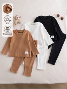SHEIN 6件組男嬰休閒親子套裝，橄欖綠印花長袖上衣＋長褲兩件套，柔軟面料，秋冬時尚百搭親子穿搭 - 彩色 - 查看 1
