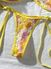 Elavelle Swim MOD 2件套彩色花卉纹理挂脖抹胸比基尼上衣和侧系带泳裤性感女士泳装套装，春夏款 - 彩色 - 查看 4