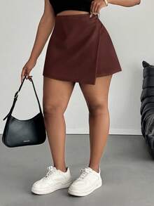 SHEIN PETITE CURVE Plus Size Summer Casual Solid Color Wrap Skirt - Coffee Brown - View 4