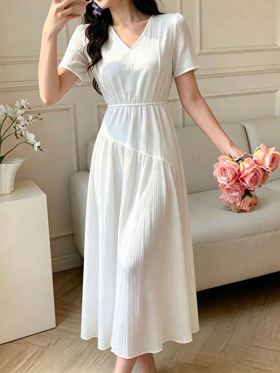 Mulvari Women's V-Neck Elegant Fashion Beige Vacation Style Mid-Length Dress