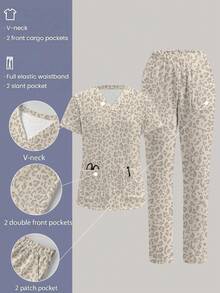 TaskEZ Conjunto de Uniforme Médico, Patrón de Estampado de Leopardo Lindo, Adecuado para el Trabajo, Desplazamiento, Hospital de Mascotas - Multicolor - Ver 1