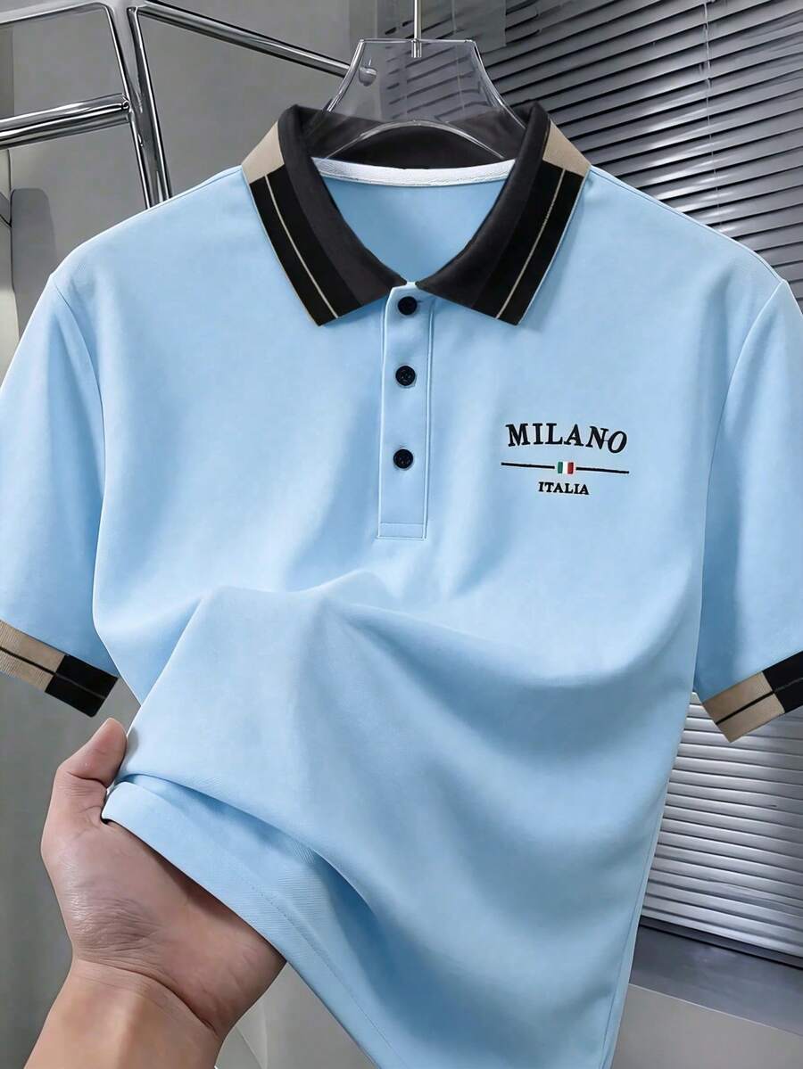 Calvornis 男士珠飾刺繡羅紋領短袖休閒 Polo 衫 - 藍色 - 查看 1