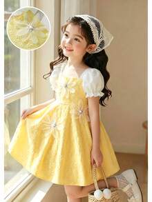 SHEIN Elladie kids 女童方領白色泡泡袖拼接黃色3D碎花提花花朵中心珍珠水鑽洋裝仙女風度假派對夏季 - 黃色 - 查看 6