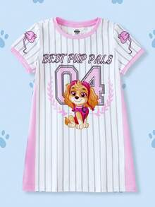 SHEIN | PAW Patrol 女童条纹圆领短袖可爱连衣裙 - 粉色 - 查看 1