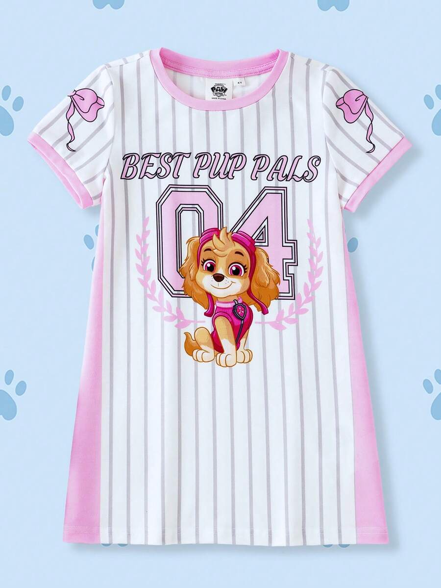 SHEIN | PAW Patrol 女童条纹圆领短袖可爱连衣裙 - 粉色 - 查看 1