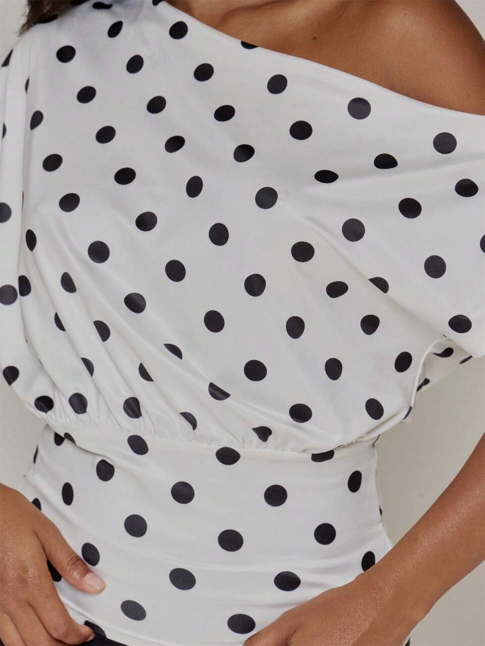 Polka Dot Off The Shoulder Asymetric Cinched Waist Slouchy Top Spring Summer Vacation Holiday Ibiza Boho Elegant Casual Festival Brunch