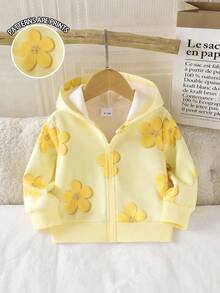 SHEIN 女嬰甜美極簡花卉3D效果印花連帽拉鍊長袖抓絨衛衣外套，柔軟面料，適合秋冬外出穿著 - 彩色 - 查看 6