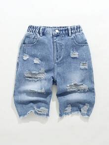 SHEIN Tween Boy Denim Shorts Summer New Casual Vintage Mid-Blue Distressed Ripped Hem Design Stylish Fit Multi-Style Matching, Multi-Scenario Wear Vacation School Casual Party Boys Summer Denim Wide Leg Shorts - Light Wash - View 3