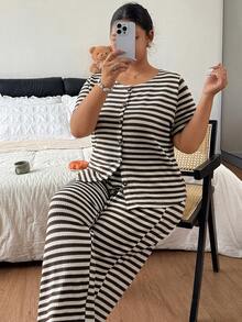 Napfluff CURVE Napfluff CURVE Striped Women's Spring/Autumn Short Sleeve & Long Pants Fashion Loungewear 2 Pieces Set Plus Size - Multicolor - View 6