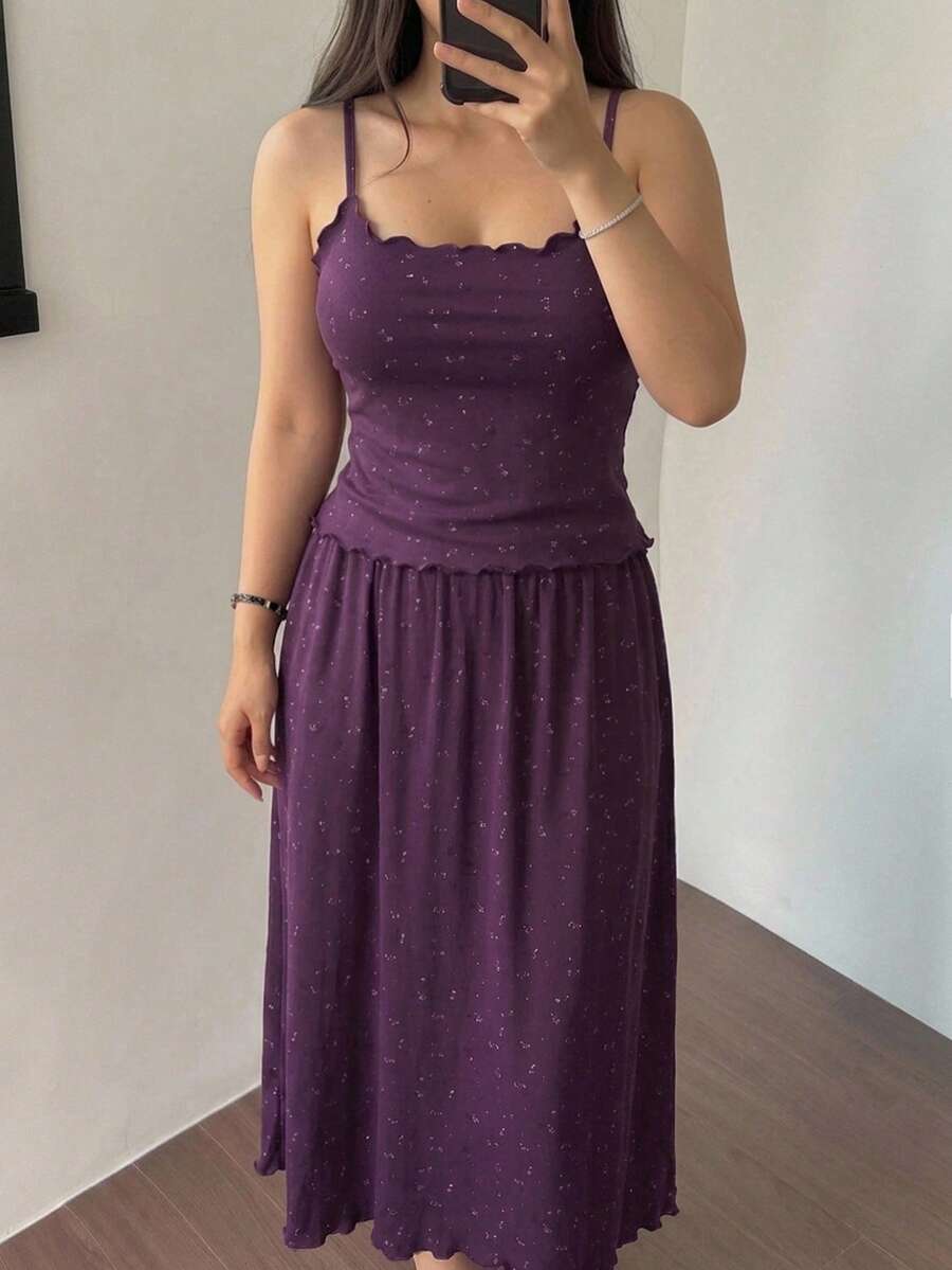 Dazy Plus 2pcs Set Charming Lace Patchwork Sleeveless Camisole Long Skirt Pajama Set - Violet Purple - View 1