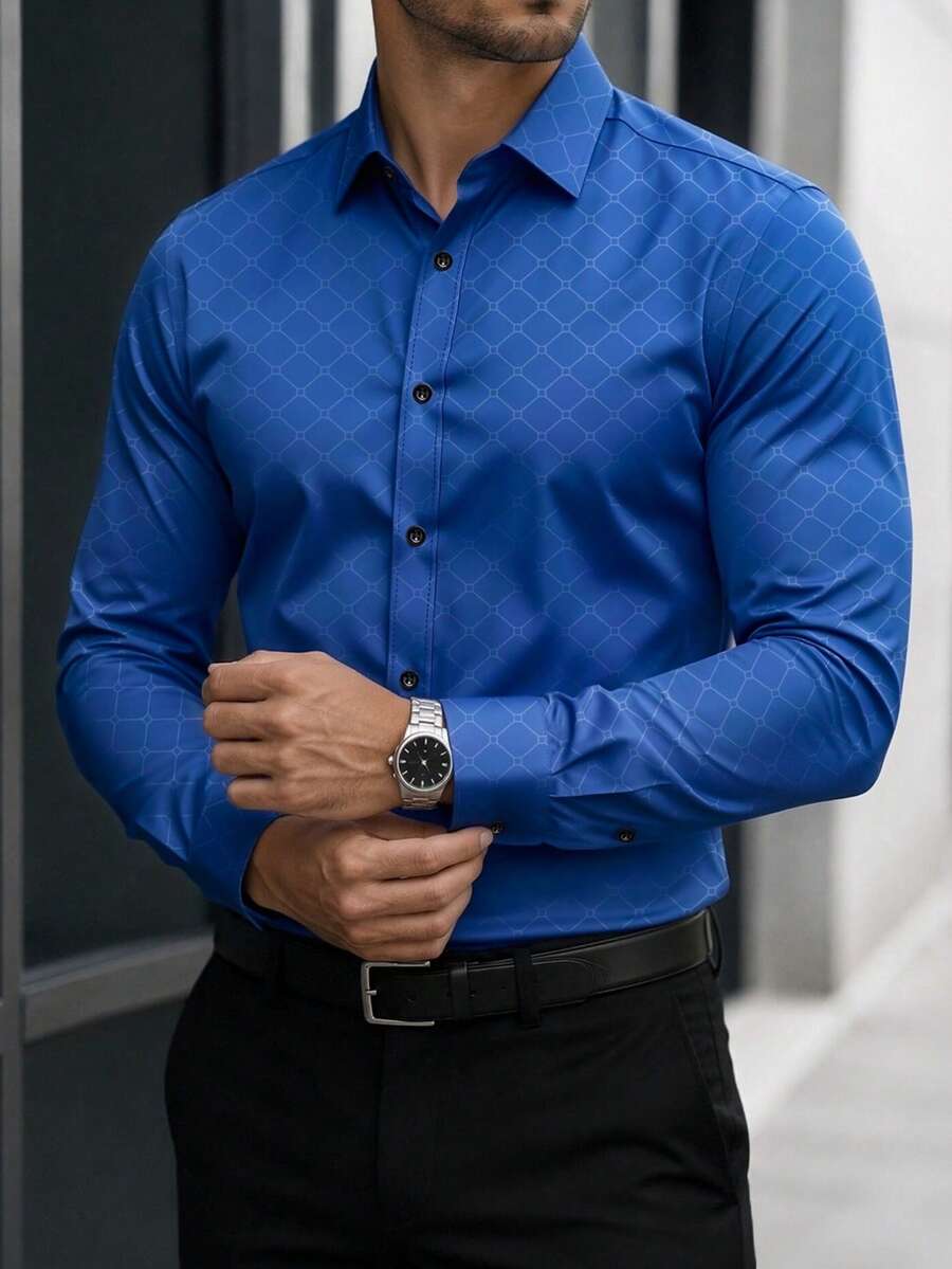 Manfinity Mode 男士時尚休閒商務通勤立領素色鈕扣長袖襯衫,男士正式襯衫,男士素色襯衫。適合日常穿著、通勤上班、外出、派對,可搭配西裝褲或西裝套裝出席派對、婚禮、蜜月場景。可作為禮物送給兒子、丈夫、男朋友、父親,適合秋季,老錢風 - 寶藍色 - 查看 1