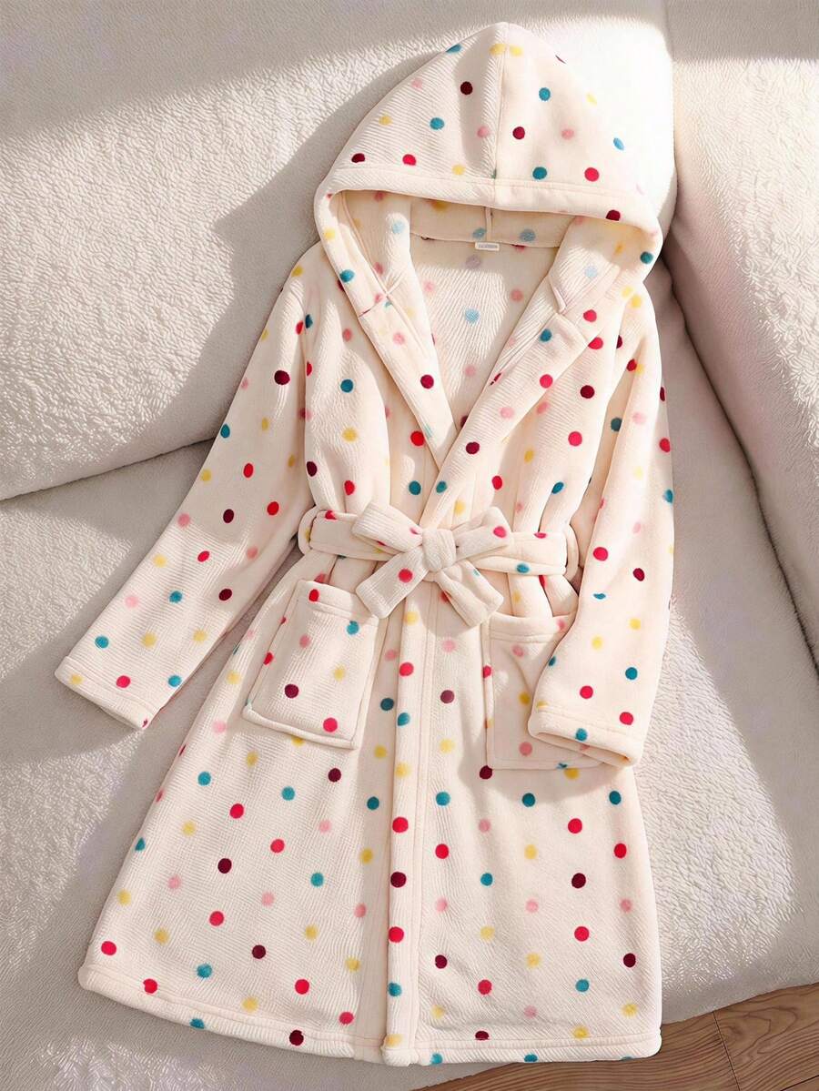 SHEIN 女童櫻桃圖案保暖內裡厚絨連帽長袖綁帶浴袍 秋冬睡衣 - 彩色 - 查看 1