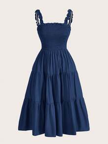 BELROSIE Solid Frill Trim Ruffle Hem Dress Holiday Party Dress  - Blue - View 1
