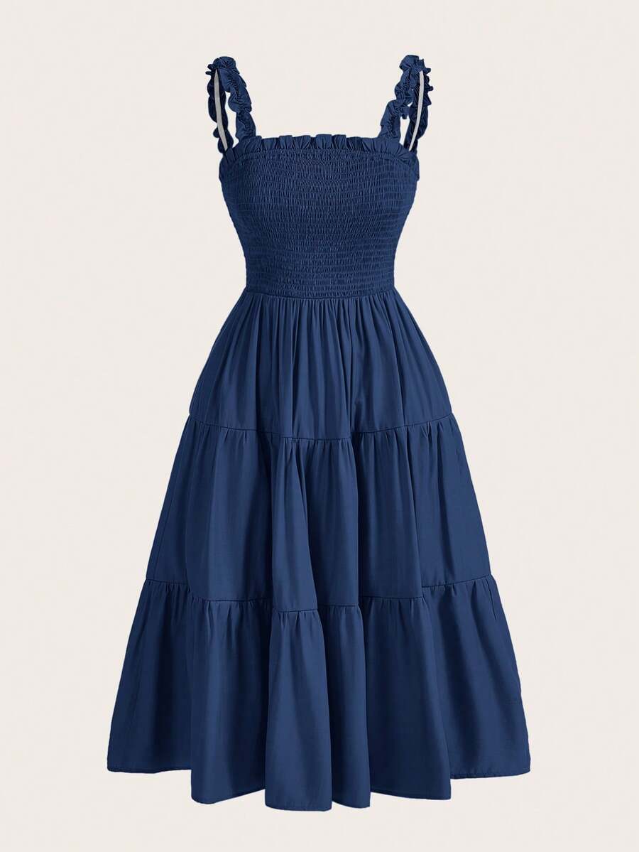 BELROSIE Solid Frill Trim Ruffle Hem Dress Holiday Party Dress - Blue - View 1