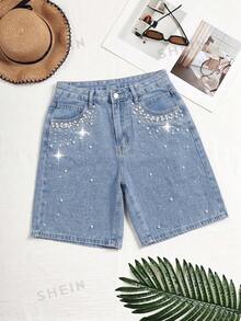 SHEIN Y2K Street Elegant Fashion Casual Women's Versatile Beaded Washed Denim Mid-Length Pants Date Everyday Light Blue Summer - Light Wash - View 6