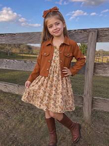 Emery Rose Kids 2pcs Young Girl Ditsy Floral Camisole Dress & Solid Color Cardigan Set - Khaki - View 4