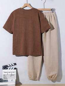SHEIN 2件組青少年男孩休閒極簡字母印花圓領套頭上衣套裝，適合夏季 - 彩色 - 查看 2