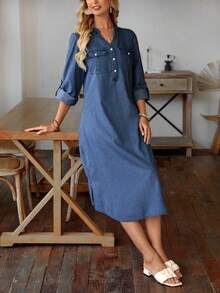 EMERY ROSE Solid Color Asymmetrical Hem Denim Dress With Notched Collar - Medium Wash - View 5