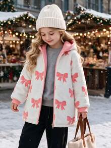 SHEIN Elladie kids 女童白色可正反穿拉鍊連帽蝴蝶結毛絨內裡加厚中長版鋪棉外套，冬季夾克粉色加厚連帽西式外套 - 淺粉色 - 查看 6