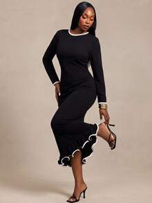 Radiana Curve Plus Size Women's Trimmed Round Neck Long Sleeve Fitted Elegant Dress Fall - Black and White - View 2