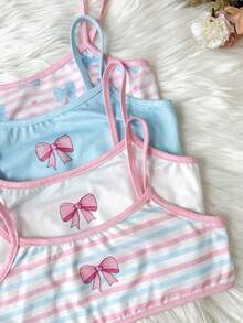 SHEIN Tween女孩 4件組蝴蝶結彩色休閒簡約舒適軟墊內衣 可愛條紋蝴蝶結 - 彩色 - 查看 6