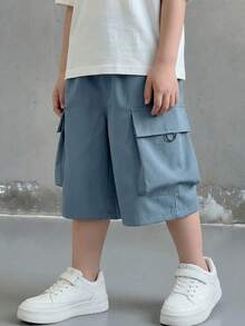 SHEIN Little Byeori 青少年男童休闲日常舒适贴袋宽松纯色梭织短裤 - 霧霾藍 - 查看 2