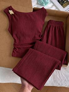 SHEIN Teen Girls' Tank Top Set T-Shirt With Asymmetric Neck Cut, Spaghetti Strap Support On One Side And Natural Shoulder Exposure On The... - Burgundy - View 1