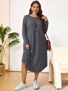 EMERY ROSE Plus Size Solid Color Long Sleeve Casual Loose Fit Vacation Dress Autumn Outfit For Women Going Out Formal Country Concert Fall Grey - Grey - View 2