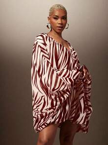 Vixey Zebra Print Chiffon Oversized Batwing Bubble Hem Dress With Lining, Bold Color Party Dress, Summer/Fall - Burgundy - View 4