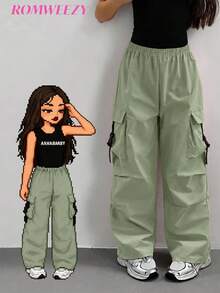 SHEIN Sparklyn 青少年女孩休閒百搭工裝褲，適合週末外出 - 軍綠色 - 查看 1