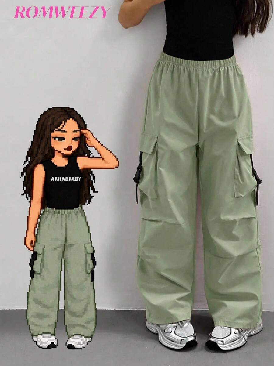 SHEIN Sparklyn 青少年女孩休閒百搭工裝褲,適合週末外出 - 軍綠色 - 查看 1