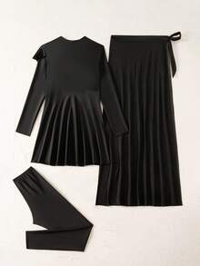 Swim Shayni Swim Modest Women Ruffle Long Sleeve Burkini Split Swim Dress With Belt - Black - View 2