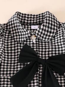 Souflis Souflis 2件組女童西裝外套寬腿褲套裝，優雅甜美黑白千鳥格大蝴蝶結花瓣袖翻領，適合學校派對、7歲生日、秋季穿著 - 黑色 - 查看 7