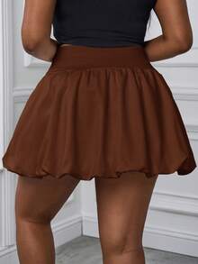 SHEIN PETITE CURVE 大尺碼純色百褶泡泡裙，休閒可愛風，適合度假、約會、約會之夜、牛仔之夜、早午餐，巧克力棕色，秋季 - 咖啡棕 - 查看 2