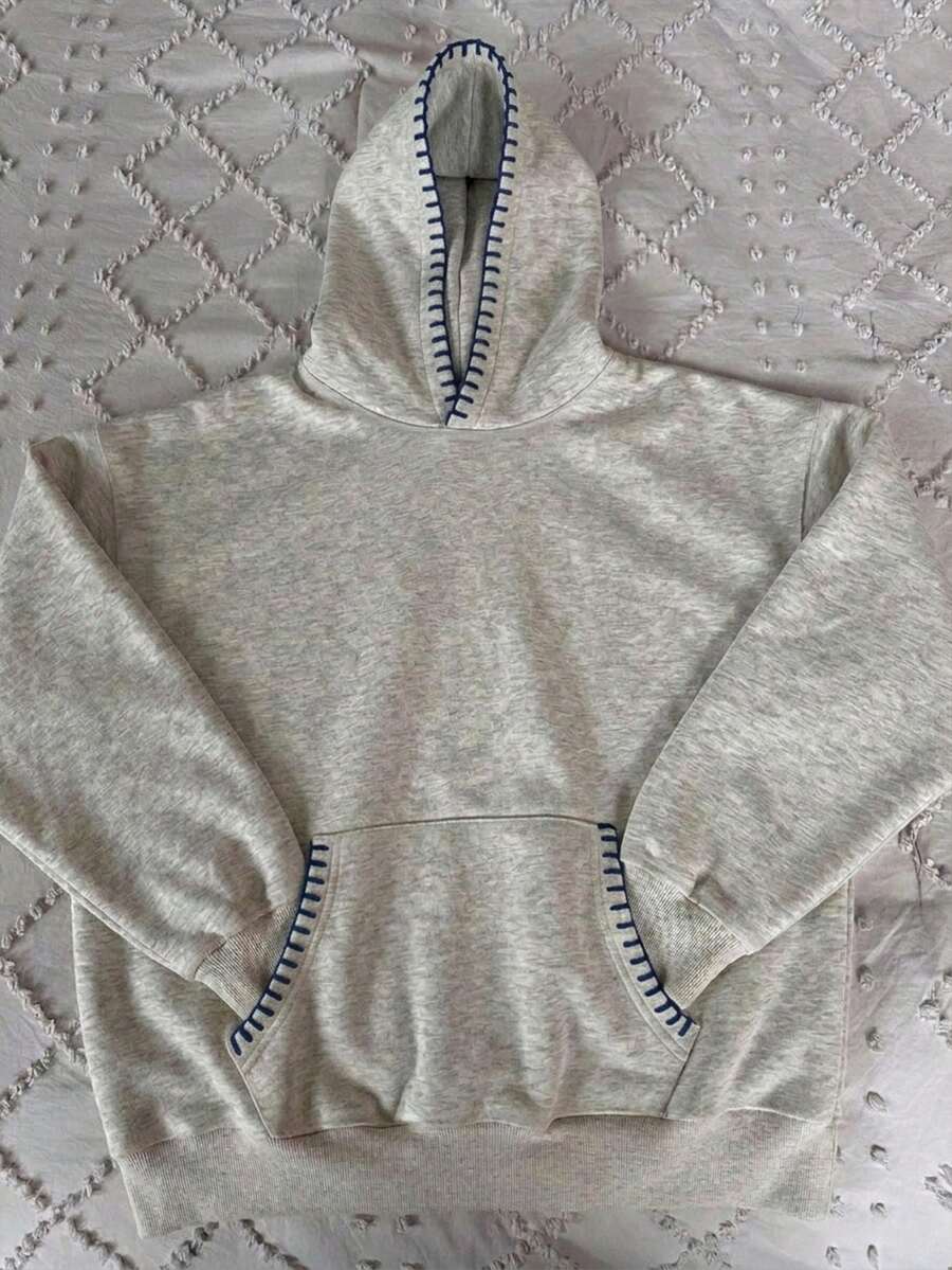 Attitoon Casual Street Style Navy Blue Trim Decor Loose Fit Grey Floral Women's Sweatshirt Suitable For Autumn/Winter - Grey - View 1
