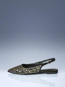 CUCCOO GRLICON French Black Rivet Pointed Back Strap Flats, Niche Design Sandals - Black - View 2
