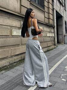 Coolane Women's Fall Streetwear Casual Sport Going Out Basic Daily Wear Contrast Lace Grey Low Rise Baggy Wide Leg Sweatpants - Grey - View 6