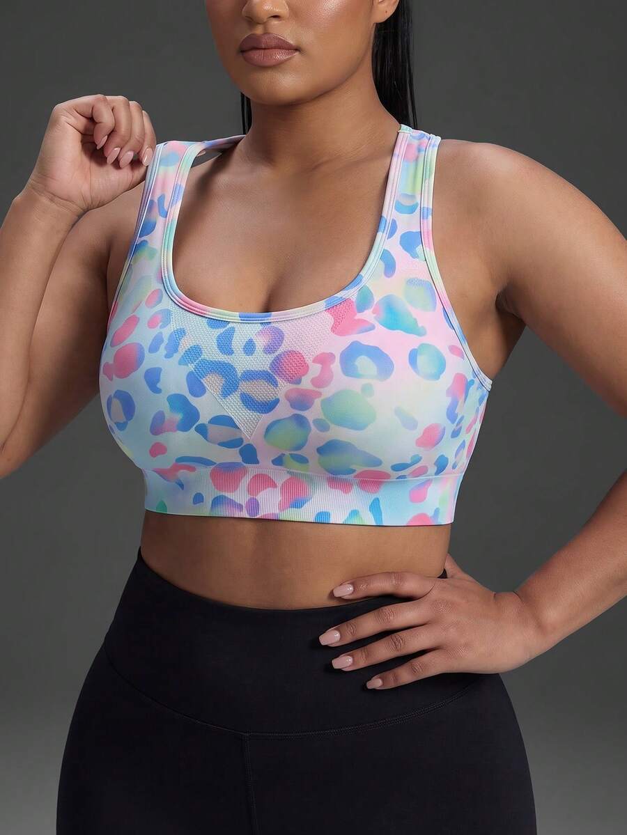 Powerista Women's Plus Size Leopard Print Backless Sports Bra For Daily Fitness And Workout Pink Leopard Print Gym Running Fitness Workout Going Out Casual - Pink - View 1