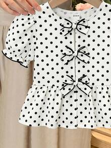 SHEIN LMoss Kids 女童休閒梭織圓領短袖波點套頭上衣 - 白色 - 查看 3